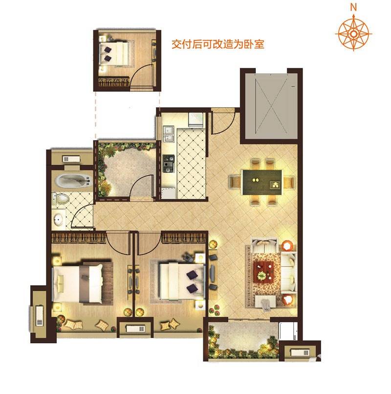 融创银城惠山国际社区2室2厅1卫88.1㎡户型图