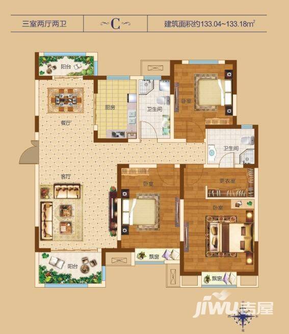 郑开橄榄城3室2厅2卫133㎡户型图