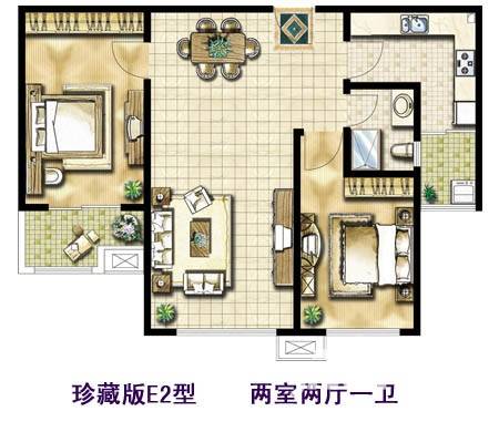 恒基富丽东方2室2厅1卫82.2㎡户型图