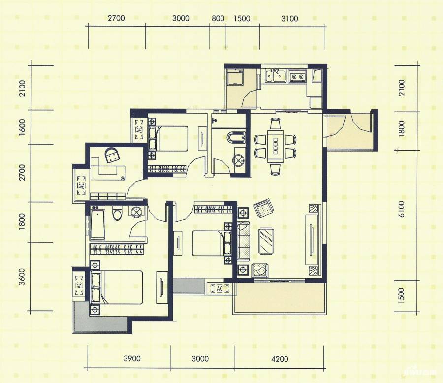 翰城国际4室2厅2卫124.3㎡户型图