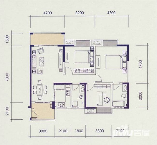 翰城国际3室2厅2卫121.2㎡户型图