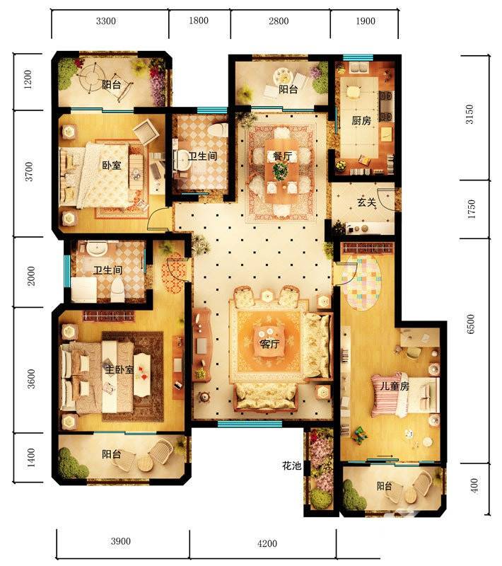 千禧国际村二期普通住宅128.9㎡户型图