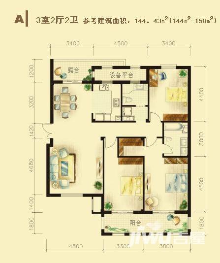 绿城理想之城3室2厅2卫144.4㎡户型图