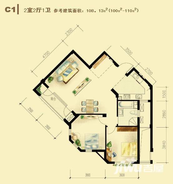 绿城理想之城普通住宅97.1㎡户型图