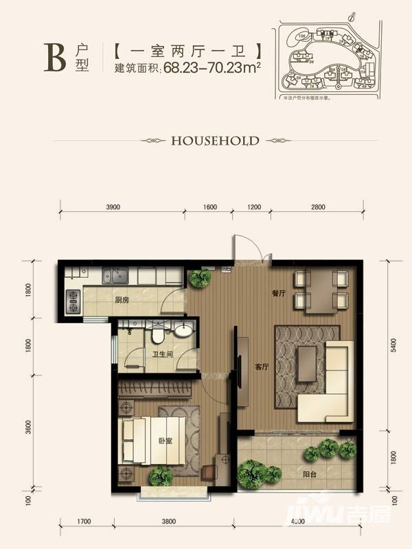 逸景湾尚品1室2厅1卫68.2㎡户型图