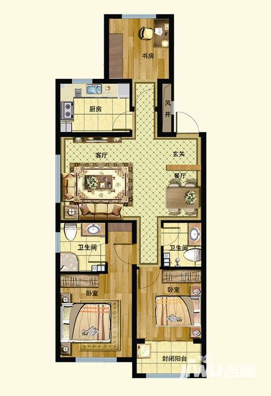 中海寰宇天下3室2厅2卫106㎡户型图