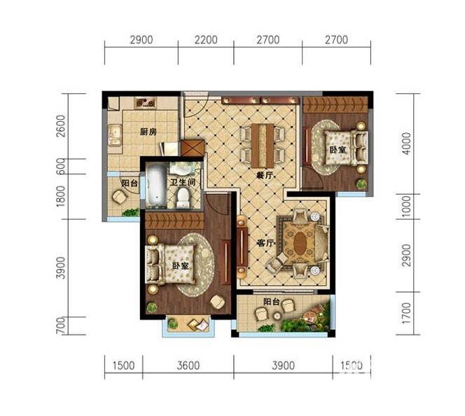 瑞尔湖畔居2室2厅1卫98㎡户型图