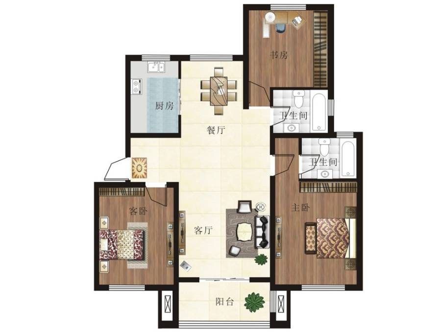 金色蓝庭3室2厅2卫130㎡户型图