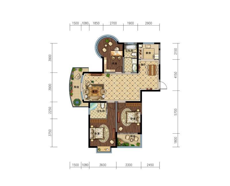 瑞尔湖畔居3室2厅2卫户型图