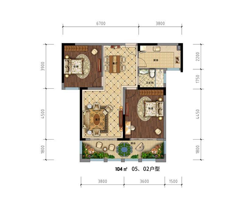 瑞尔湖畔居2室2厅1卫104.8㎡户型图