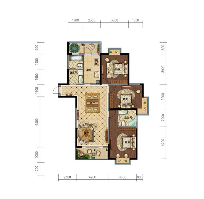 瑞尔湖畔居2室2厅2卫143.6㎡户型图