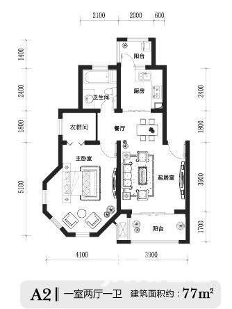 中冶·滨江国际城1室2厅1卫82㎡户型图