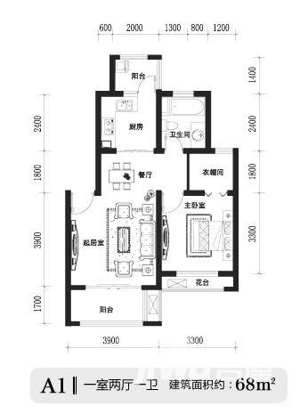 中冶·滨江国际城1室2厅1卫72㎡户型图