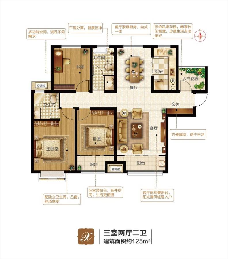 万科·幸福里3室2厅2卫125㎡户型图