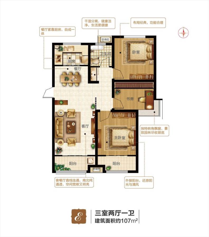 万科·幸福里3室2厅1卫107㎡户型图