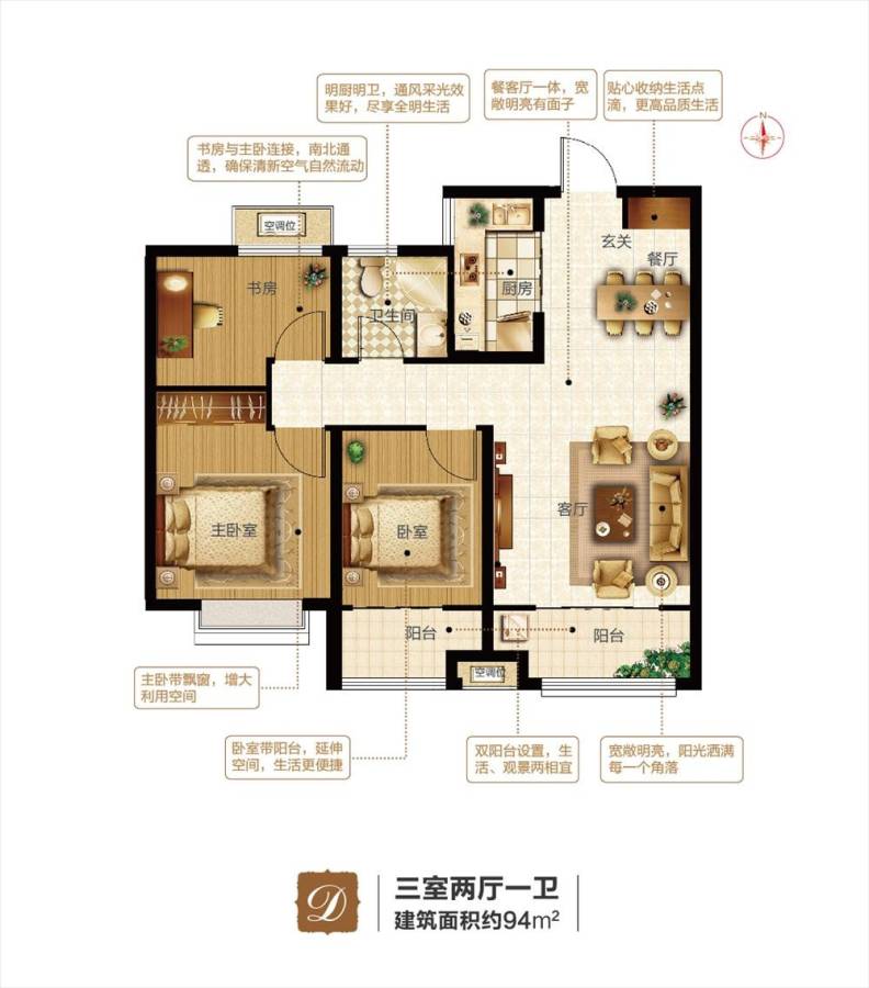 万科·幸福里3室2厅1卫94㎡户型图