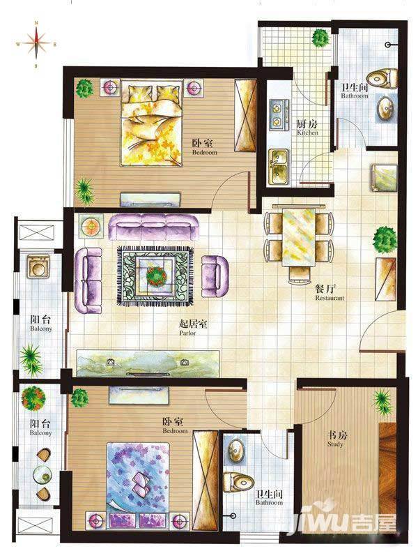 丁豪广场3室2厅1卫120㎡户型图