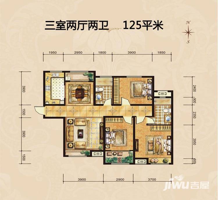 中海国际社区3室2厅2卫125㎡户型图