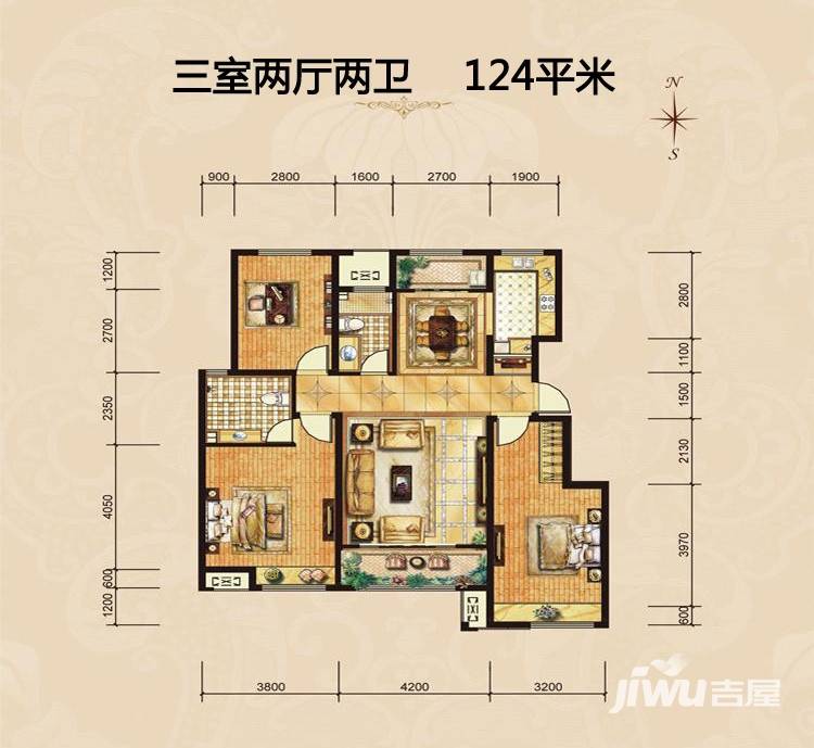 中海国际社区3室2厅2卫124㎡户型图