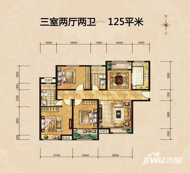 中海国际社区3室2厅2卫125㎡户型图