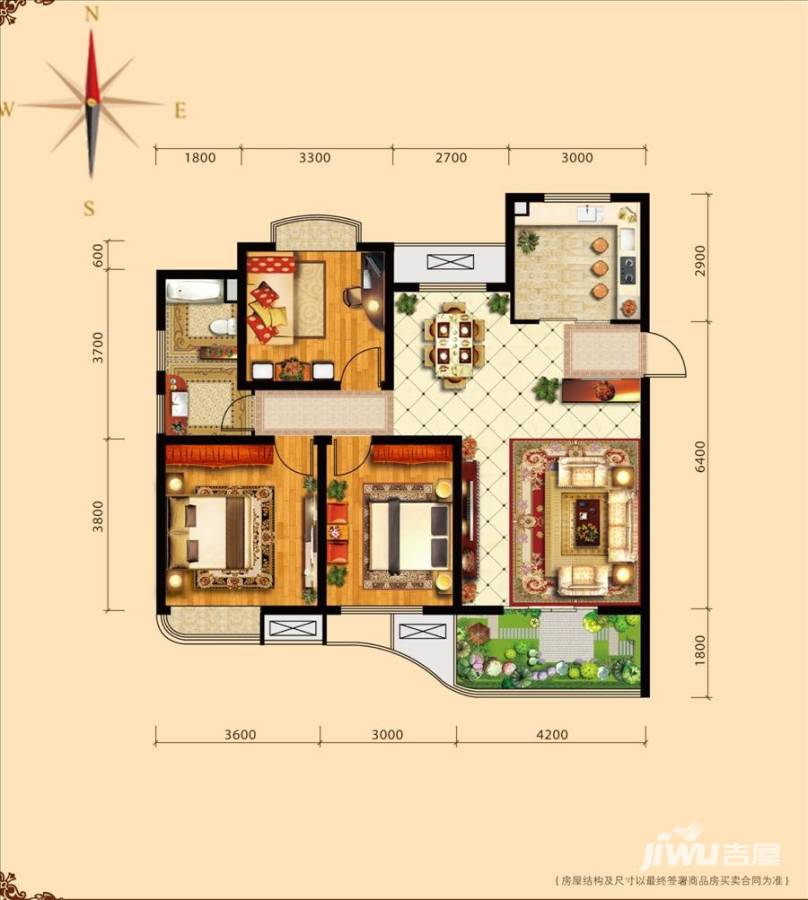 外海中央花园3室2厅1卫124㎡户型图