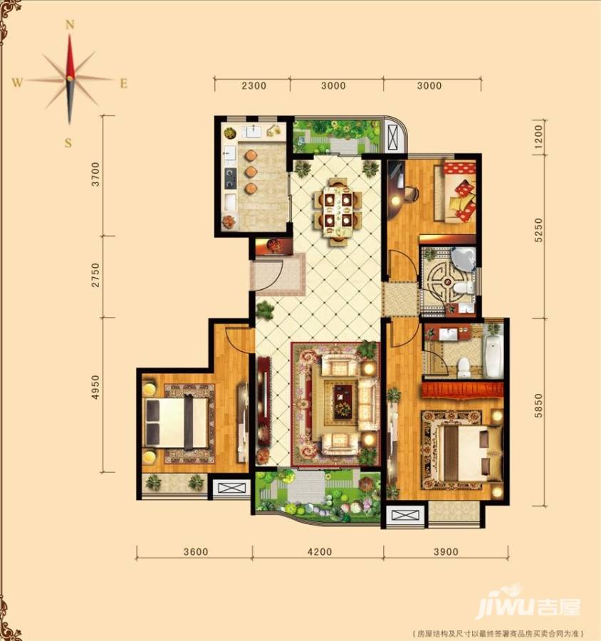 外海中央花园3室2厅2卫123㎡户型图