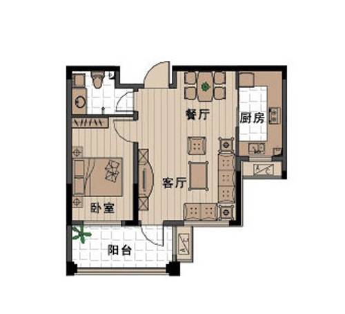 外海中央花园1室2厅1卫64.3㎡户型图