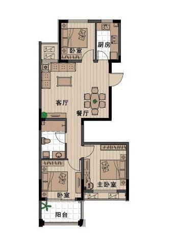 外海中央花园3室2厅1卫90.9㎡户型图