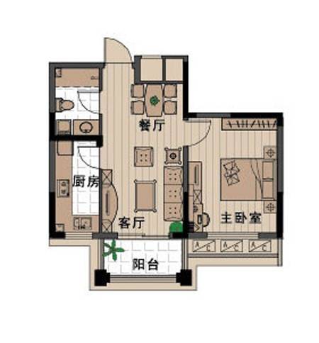 外海中央花园1室2厅1卫58.9㎡户型图