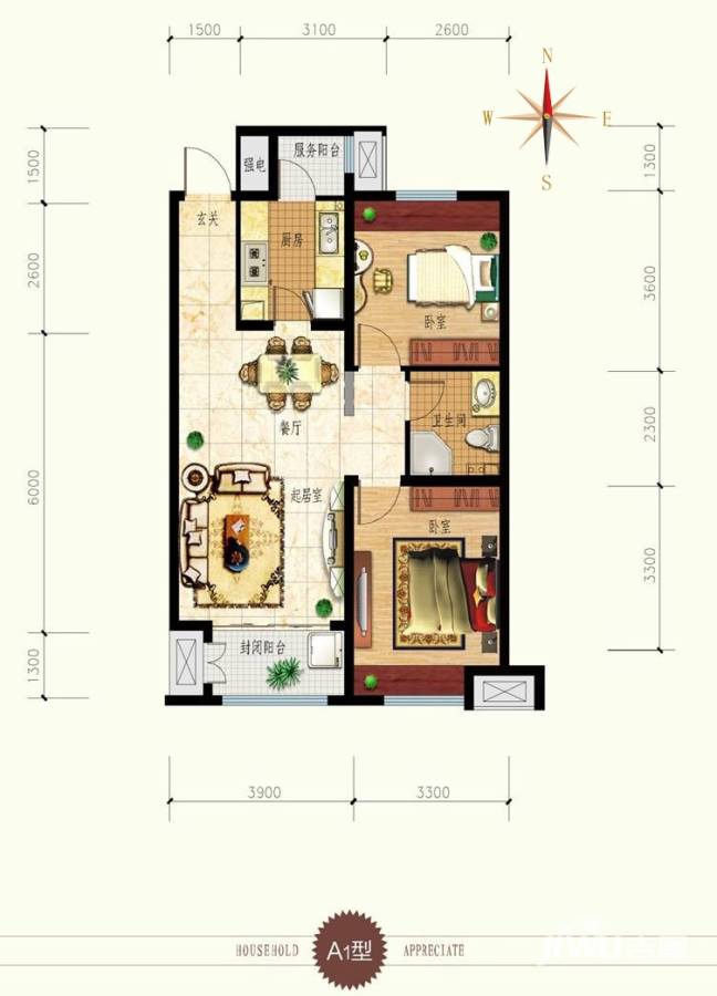 中建凤栖第2室2厅1卫85㎡户型图