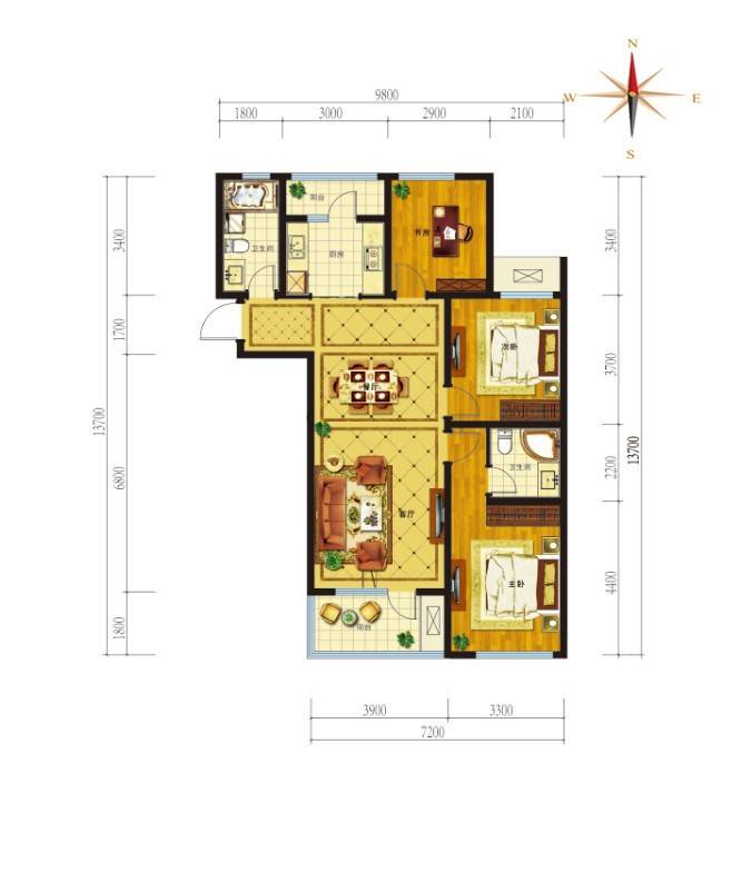 山东高速绿城·玉兰花园3室2厅2卫121㎡户型图