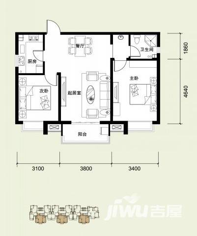 路劲御景城2室2厅1卫94㎡户型图