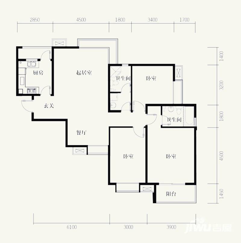 路劲御景城3室2厅1卫130㎡户型图