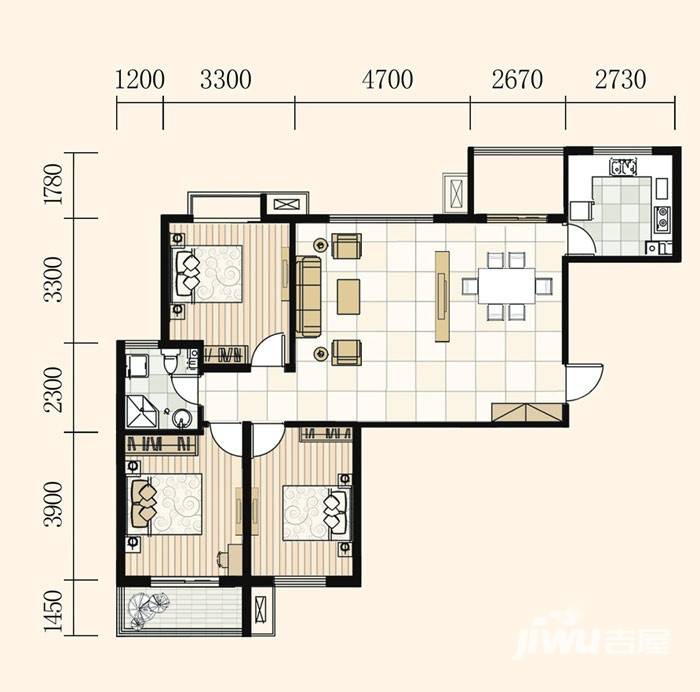 路劲御景城3室2厅1卫122㎡户型图