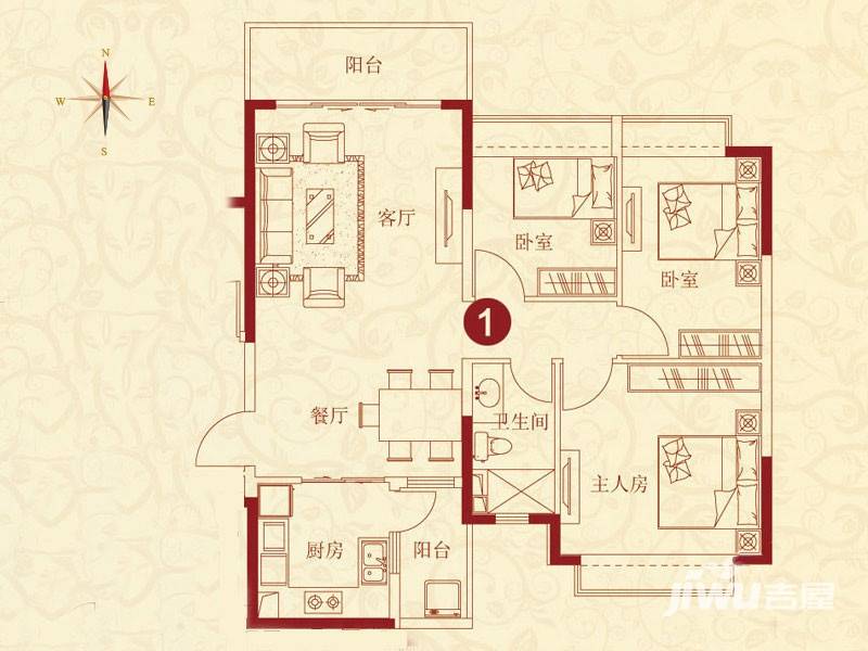 恒大绿洲3室2厅1卫119.5㎡户型图