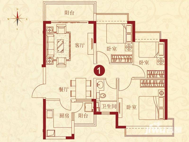 恒大绿洲3室2厅1卫102.4㎡户型图