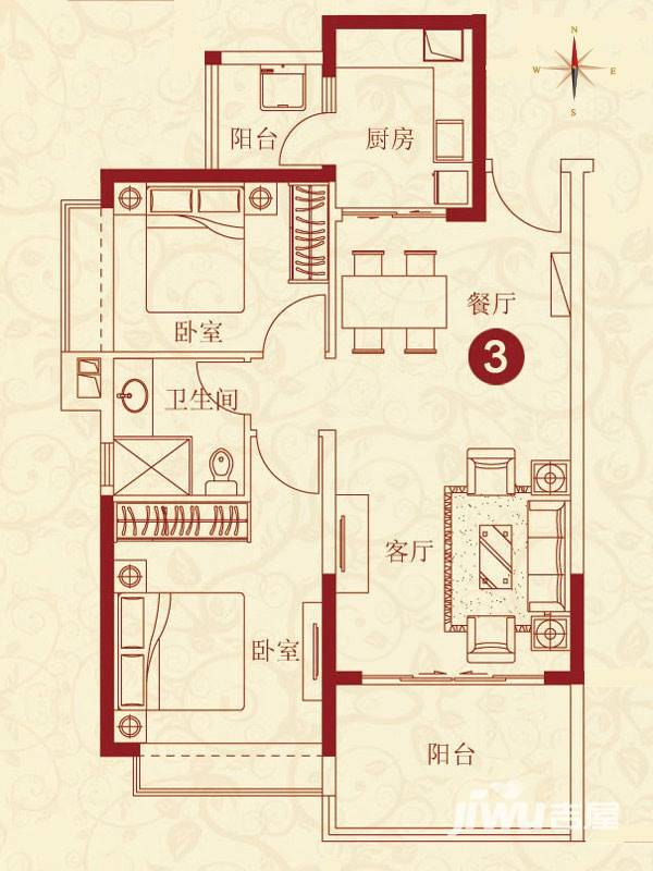 恒大绿洲2室2厅1卫90.2㎡户型图