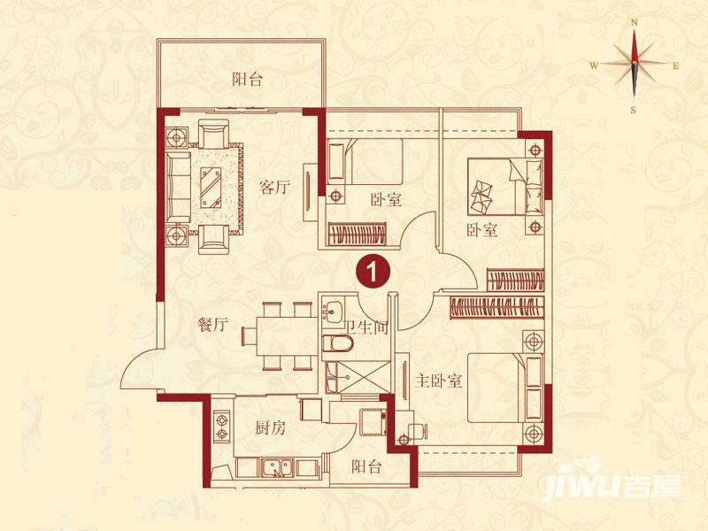 恒大绿洲3室2厅1卫117.5㎡户型图