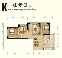 蓝光天娇城3室2厅1卫67㎡户型图