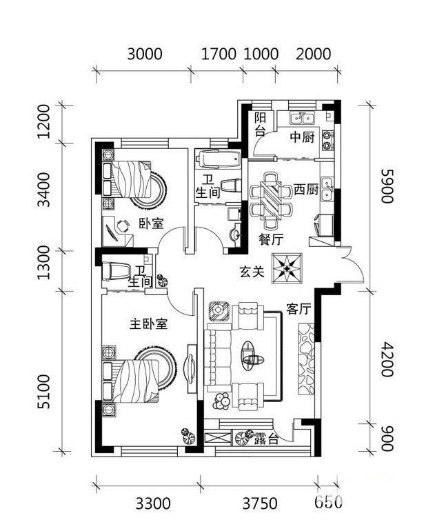 郡望安石3室2厅2卫114.1㎡户型图