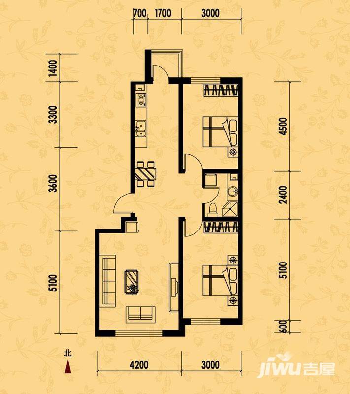 龙泰檀香苑2室2厅1卫104㎡户型图