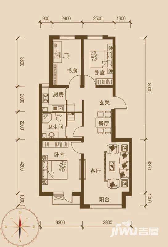 万盛理想国3室2厅1卫100.4㎡户型图