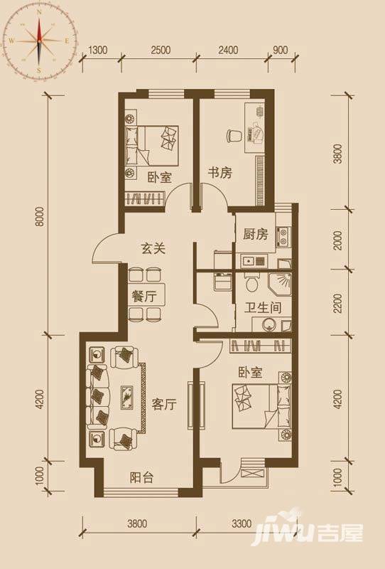 万盛理想国3室2厅1卫100.2㎡户型图