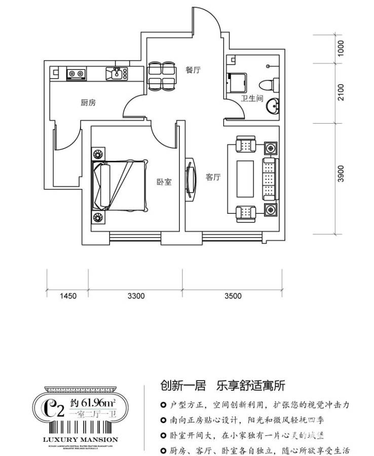 新大华府1室2厅1卫62㎡户型图