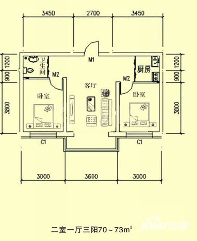 文龙家园2室1厅1卫73㎡户型图