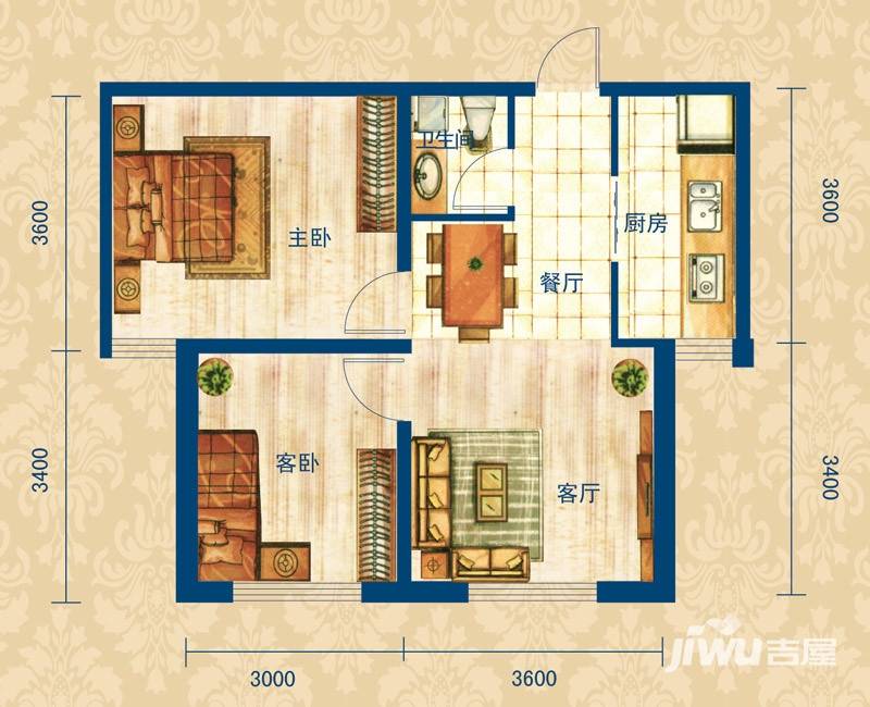 玖诚领域2室2厅1卫70.4㎡户型图