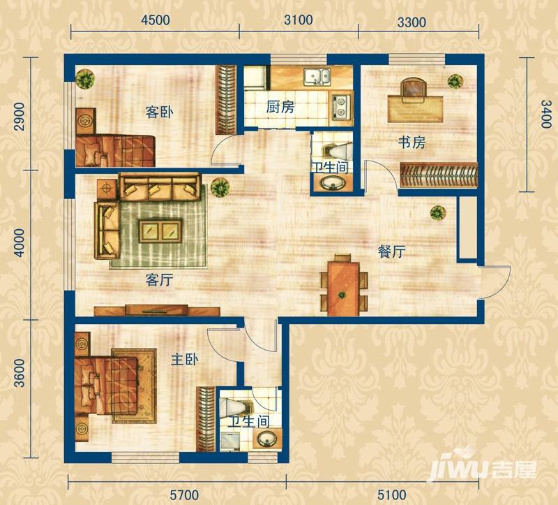 玖诚领域3室2厅2卫121.7㎡户型图