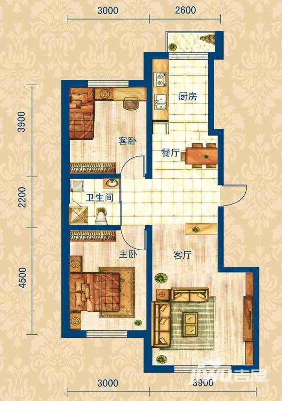 玖诚领域2室2厅1卫94.7㎡户型图