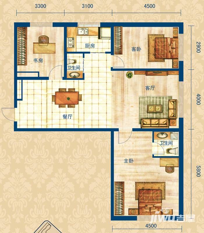 玖诚领域3室2厅2卫127.2㎡户型图