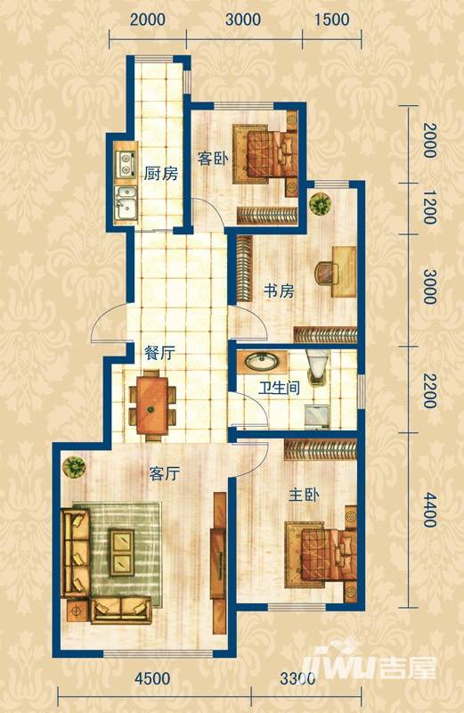 玖诚领域3室2厅1卫113㎡户型图